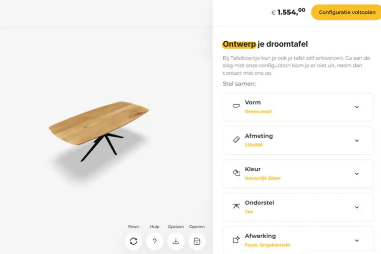 Voorbeeld van de configurator gebouwd voor het bedrijf Tafelboertje